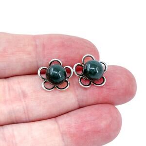Vintage Sterling Silver 925 Black Pearl Floral Stud Earrings